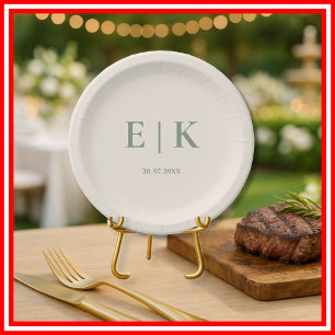 Sage Green Monogram Wedding  Paper Plate