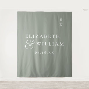 Sage Green Monogram Wedding Photo Backdrop Tapestry