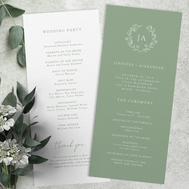 Sage Green Monogram Wedding Programme (Creator Uploaded)