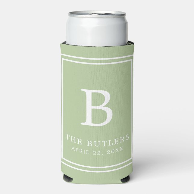 Sage Green Monogram Wedding Seltzer Can Cooler (Seltzer Front)