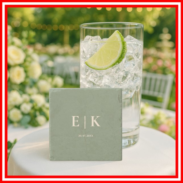 Sage Green Monogram Wedding Stone Coaster (Creator Uploaded)