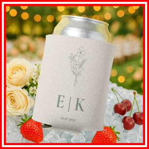 Sage Green Monogram Wildflower Wedding Can Cooler