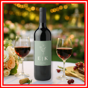 Sage Green Monogram Wildflower Wedding Wine Label