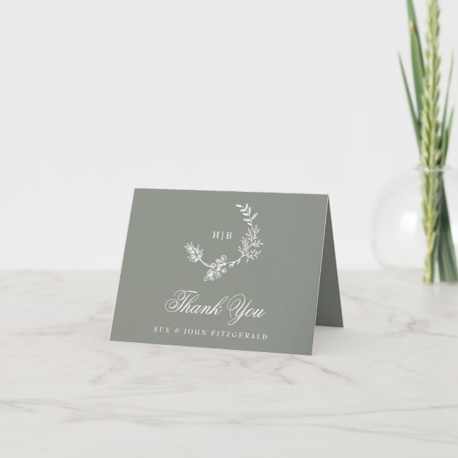 Sage Green Monogram Wreath Classic Photo Wedding Thank You Card (Front)