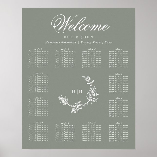 Sage Green Monogram Wreath Wedding 12 Tables  Poster (Front)