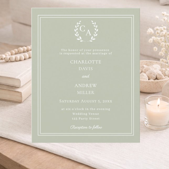 Sage green monogram wreath wedding invitation (Creator Uploaded)