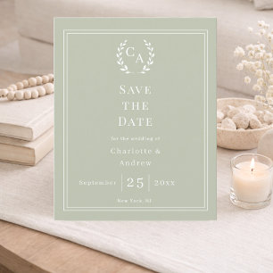 Sage green monogram wreath wedding Save the Date
