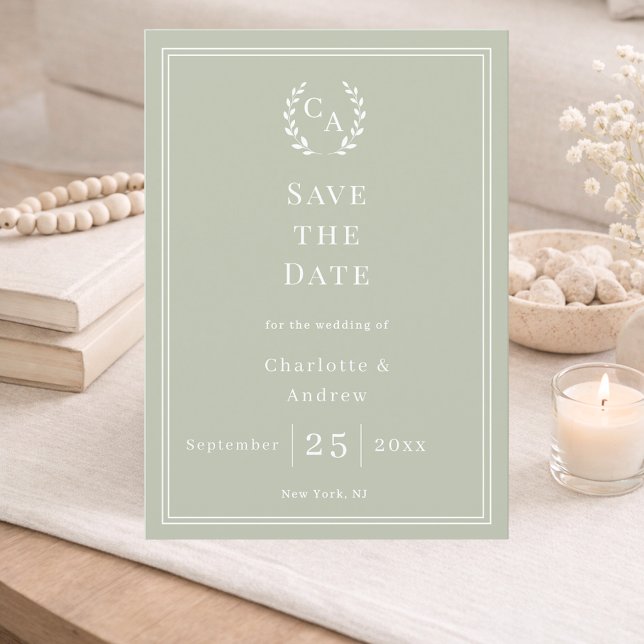 Sage green monogram wreath wedding save the date (Creator Uploaded)