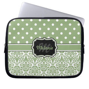 Sage Green Monogrammed Damask Polka Dot Laptop Sleeve