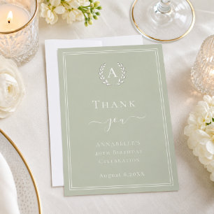 Sage green monogrammed minimalist birthday thank you card