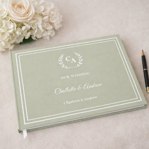 Sage green monogrammed wreath wedding guest book