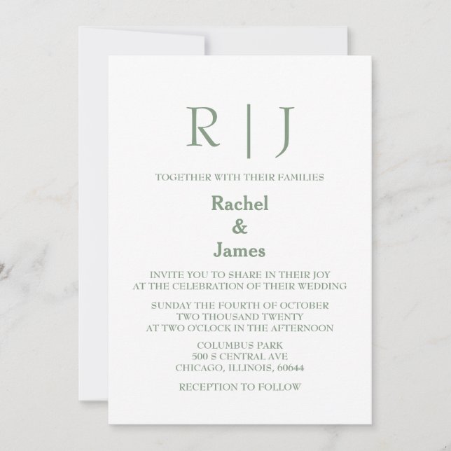 Sage Green Monograms Elegant Minimal Wedding Invitation (Front)