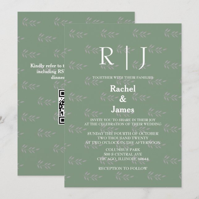Sage Green Monograms QR Code Leaf Patterns Wedding Invitation (Front/Back)