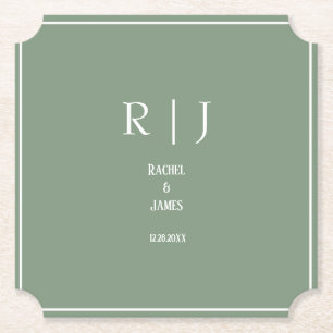 Sage Green Monograms Simple Elegant Modern Wedding Paper Coaster