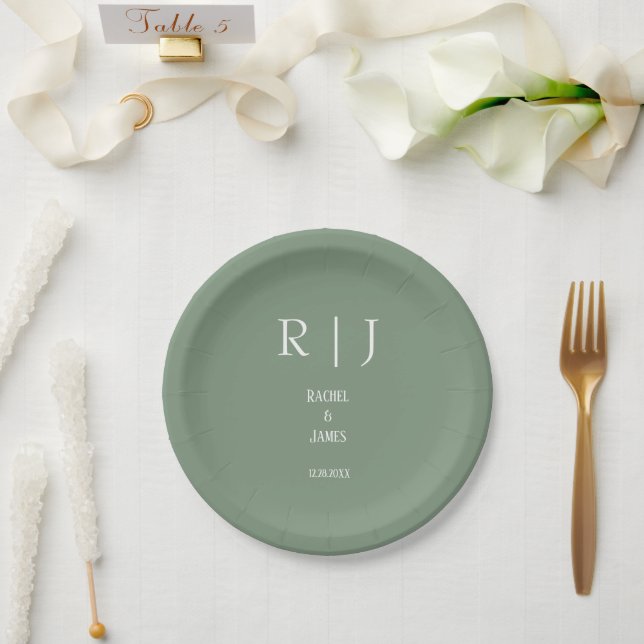 Sage Green Monograms Simple Elegant Modern Wedding Paper Plate (Wedding)