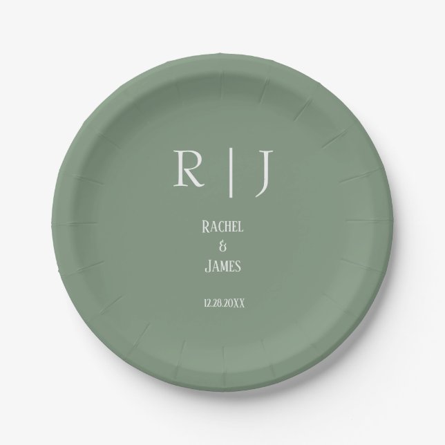 Sage Green Monograms Simple Minimal Modern Wedding Paper Plate (Front)