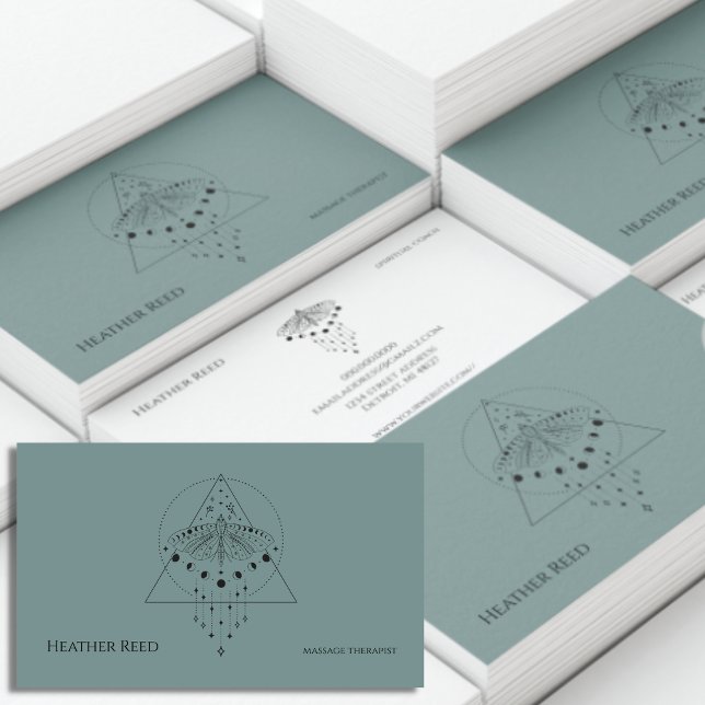 Sage Green | Moon Phases Moth | Massage Therapist Business Card (Creator Uploaded)