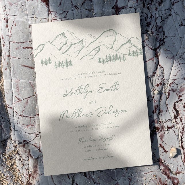 Sage Green Mountain Pine Tree Minimalist Wedding Invitation (Creator Uploaded)