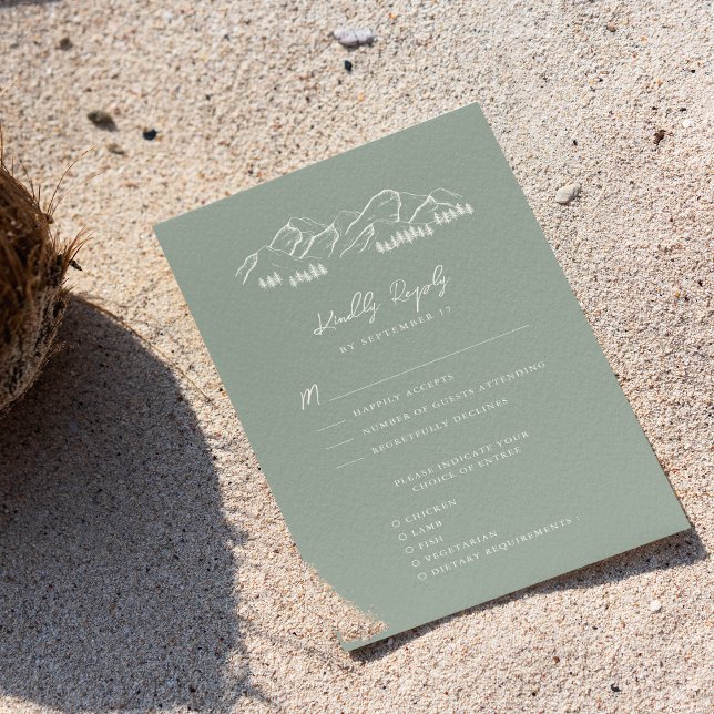 Sage Green Mountain Pine Tree Outdoor Wedding RSVP Card (Creator Uploaded)