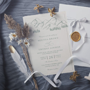 Sage Green Mountain Pine Tree QR Code Wedding Invitation