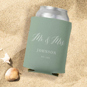 Sage Green Mr and Mrs Wedding Favours Can Cooler