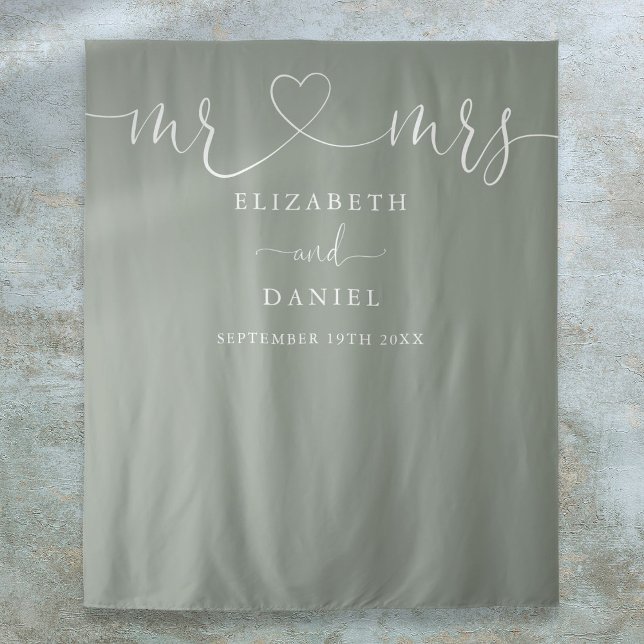 Sage Green Mr And Mrs Wedding Photo Backdrop Tapestry (Sage Green Mr And Mrs Wedding Photo Backdrop)
