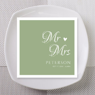 Sage Green Mr & Mrs Heart Wedding Custom Napkin