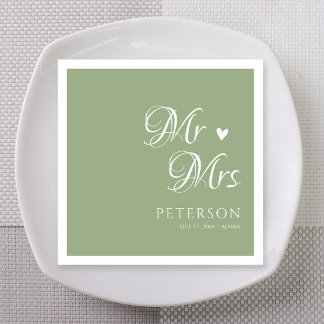 Sage Green Mr & Mrs Heart Wedding Custom Napkin