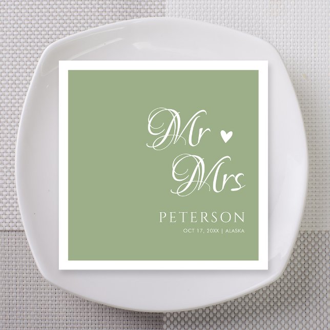 Sage Green Mr & Mrs Heart Wedding Custom Napkin (Sage green Mr and Mrs heart wedding custom napkins with names for rustic elegant reception)