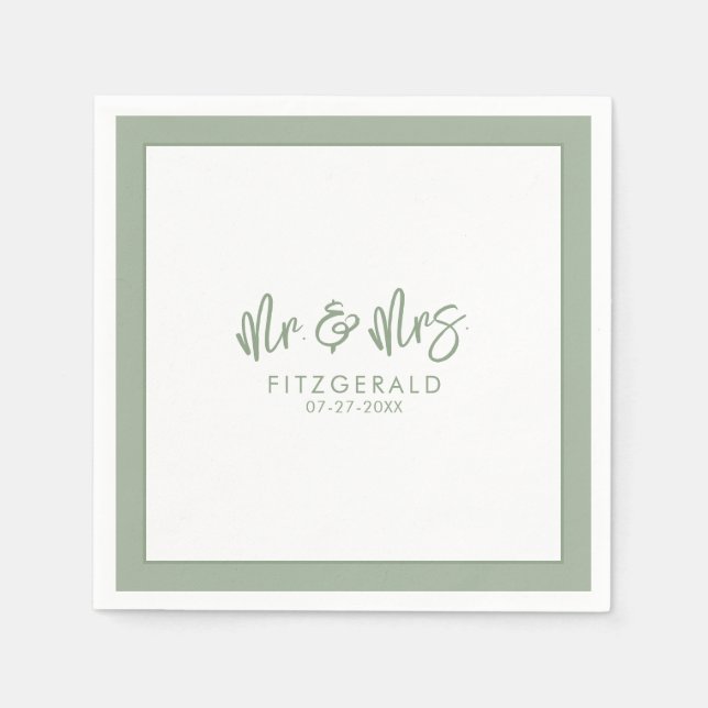 Sage Green Mr & Mrs Wedding Reception Cocktail Napkin (Front)
