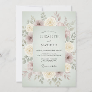 Sage Green Muted Floral Wedding Invitation