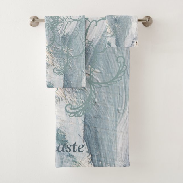 Sage Green Name Abstract Henna Bath Towel Set (Insitu)