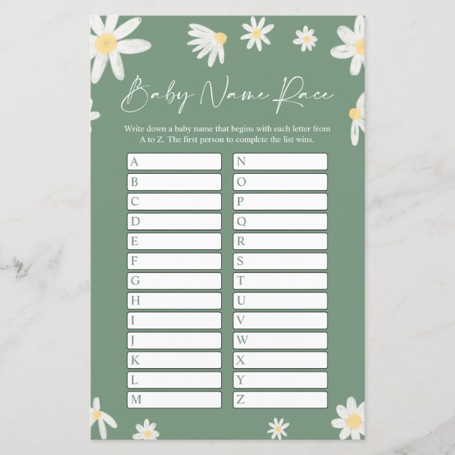 Sage Green Name Race Baby Shower Game card (Front)