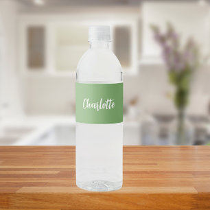 Sage green name script water bottle label
