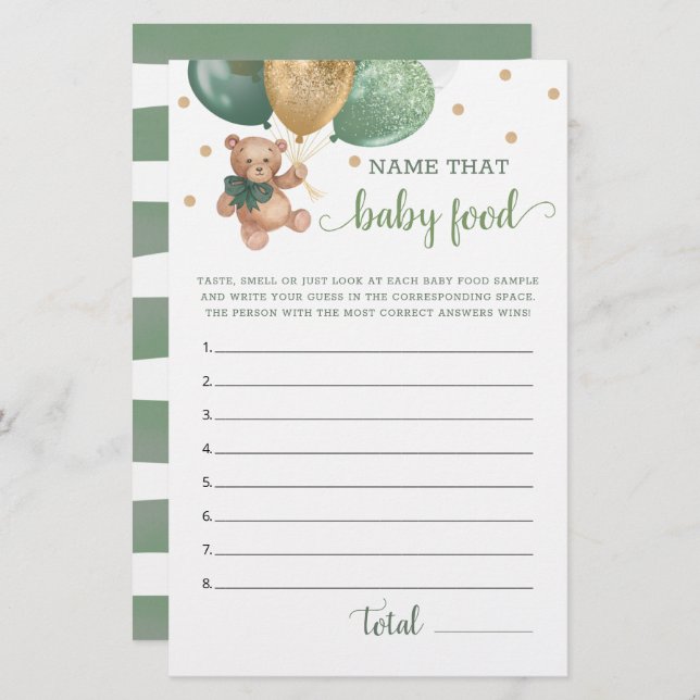 Sage Green Name That Baby Food Game Teddy Bear  (Front/Back)