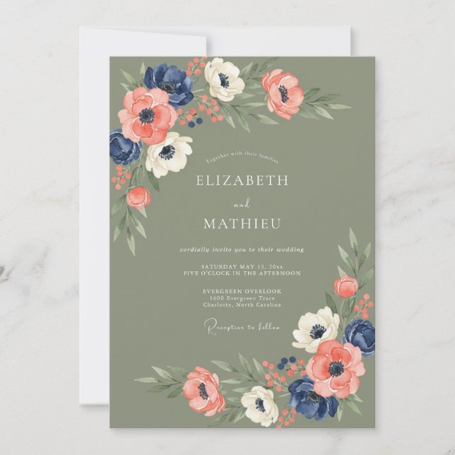 Sage Green Navy Anemone Elegant Wedding Invitation (Front)
