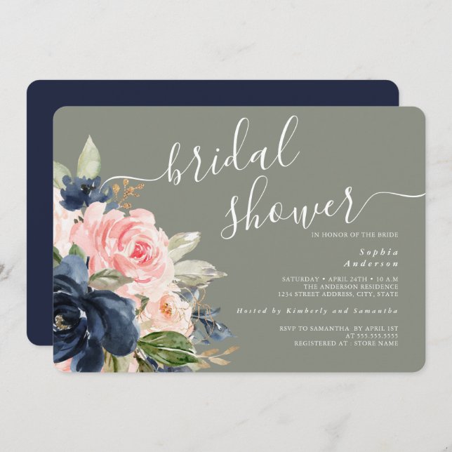 Sage Green Navy Floral Bridal Shower Invitation (Front/Back)