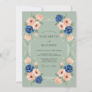 Sage Green Navy Graceful Spring Wedding Invitation