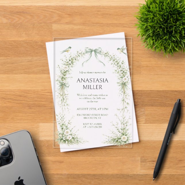 Sage Green Nesting Party Baby Shower Acrylic Invitations (Insitu (Invitation Card))