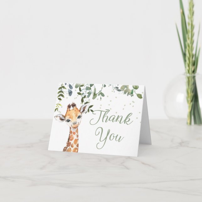 Sage Green Neutral Giraffe Safari Baby Shower Thank You Card (Front)