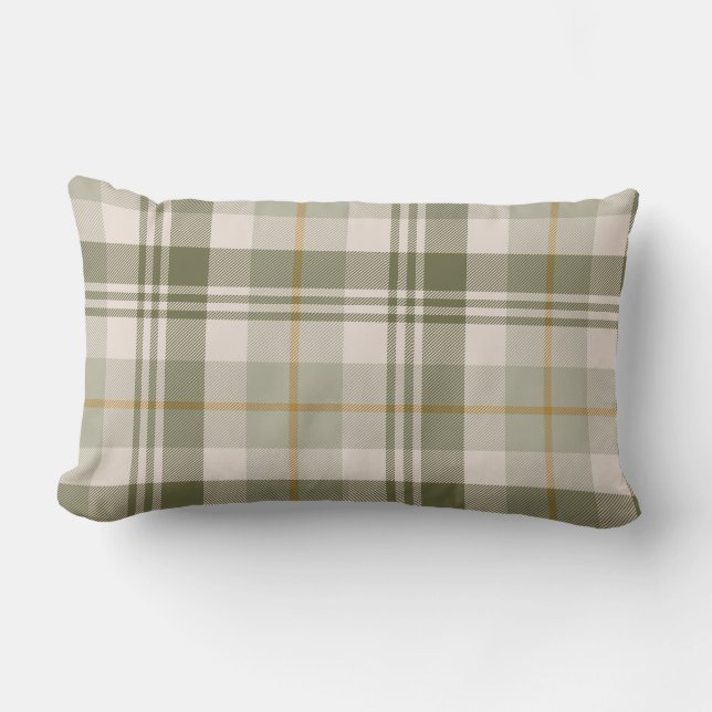 Sage Green Neutral Plaid Lumbar Cushion (Front)