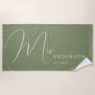 Sage Green Newlyweds Name Personalised Honeymoon Beach Towel