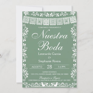 Sage Green Nuestra Boda Papel Picado Wedding Invitation