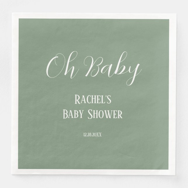 Sage Green Oh Baby Script Cute Modern Baby Shower Napkin (Front)