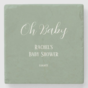 Sage Green Oh Baby Script Cute Modern Baby Shower Stone Coaster