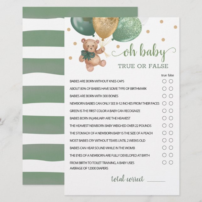 Sage Green Oh Baby True Or False Game Teddy Bear  (Front/Back)