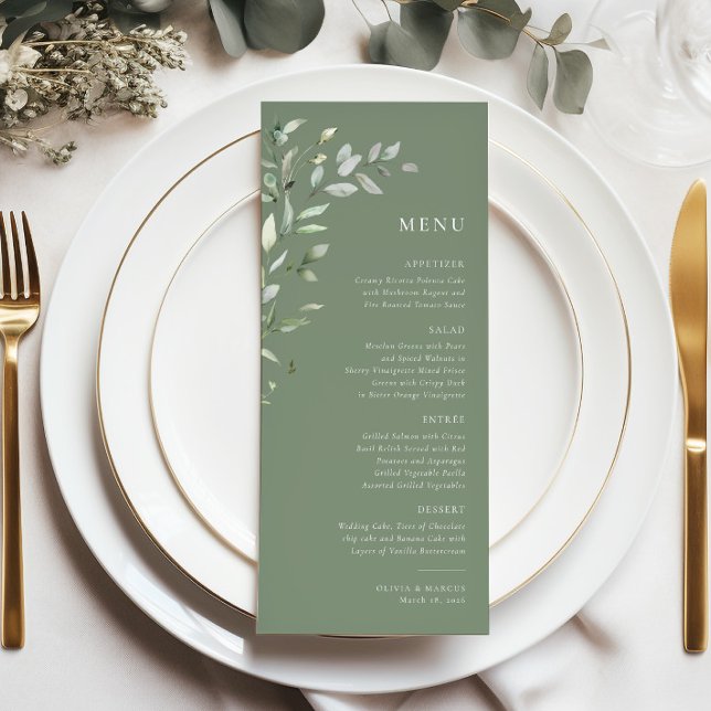 Sage Green Olive Botanical Elegant Wedding Menu (Menu)