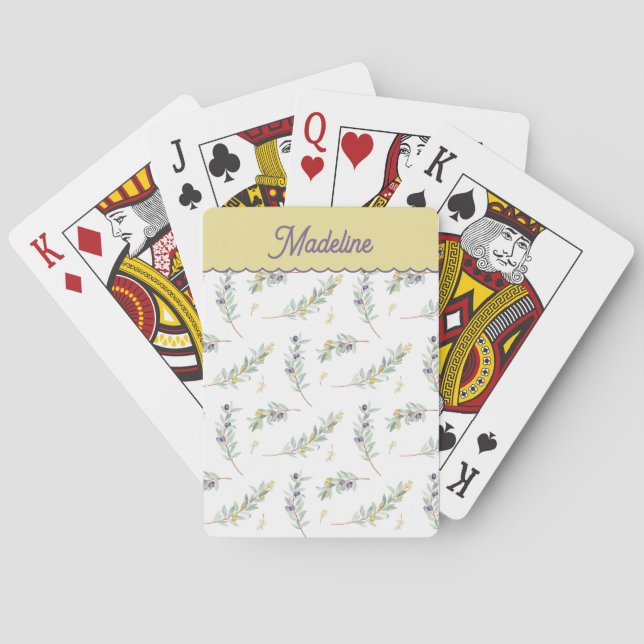 Sage Green Olive Branch Custom Name Playing Cards (Back)