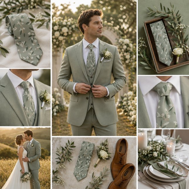 Sage Green Olive Branch & Ivory Floral  Tie (Creator Uploaded)