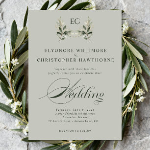 Sage Green Olive Branch Monogram Photo Wedding Invitation